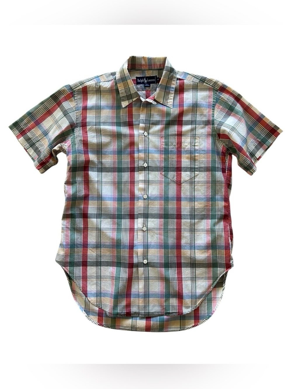 Vintage 1980s RALPH LAUREN Men’s Madras Plaid Loop Collar Camp Shirt Sz 6 Small